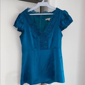 Nanette Lepore Teal Ruffled V-Neck Blouse
